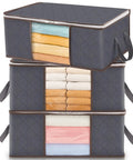 Three Pack 35L Foldable Storage Bins With Lids And Zippers, Clear Window For Easy Viewing, stacked with clothes in gray fabric