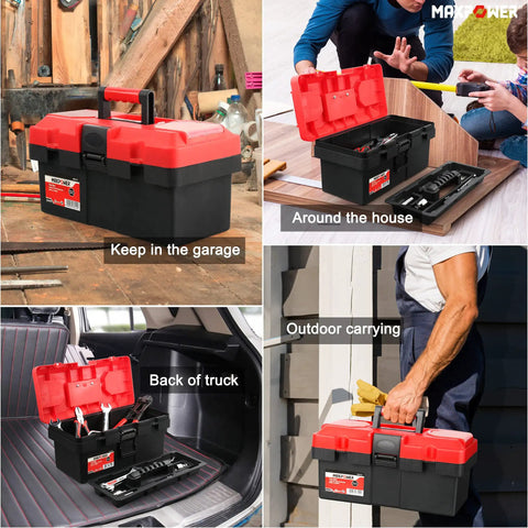Lightweight 14 Inch Plastic Tool Box with Comfortable Handle and Removable Tray, dual lock latches, for versatile use.