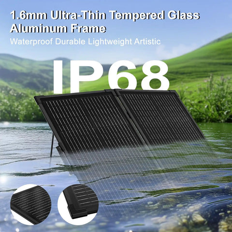 200 Watt Foldable Solar Panel Kit Delivering Top Shelf 23.5 Percent Efficiency And Ultra Light Tempered Glass Tied To A Rock Solid Pwm Controller With Ip68 Waterproof Rating for outdoor use in water setting.