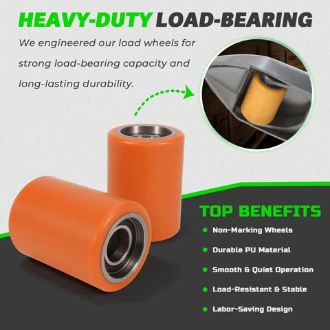 Heavy Duty Load Wheel Kit For Crown WP 3000 Electric Pallet Jack Lift Truck, orange polyurethane wheels with bearings.