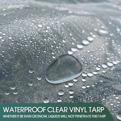 Close-up of Clear PVC Waterproof Tarp Cover, Built Tough As Nails 20 Mil Tarpaulin With water droplets on surface.