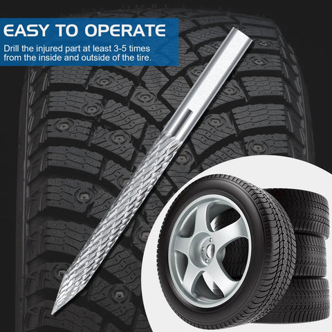 Go-To Durable Multi Size Tire Reamer Drill Bit Set 3Mm 4.5Mm 6Mm 8Mm 10Mm Carbide Burr Patch Cutters For Tire Repair Tools 5 Pack In Transparent Boxes Compact Storage Case Included showing reamer and tire image