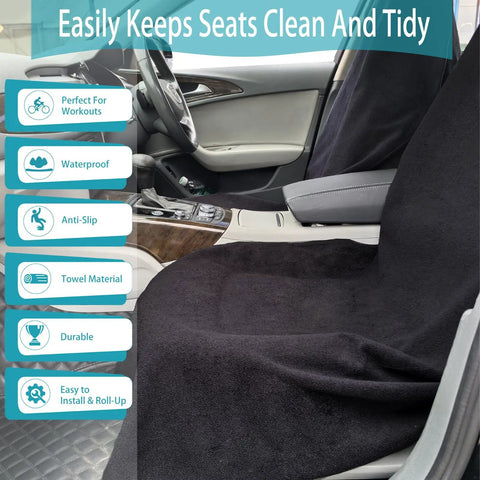 Universal Front Seat Protector Covers Waterproof And Sweatproof Non Slip Washable Towel Seat Covers For Cars Trucks And Jeeps 2 Pack Black shown in car interior.