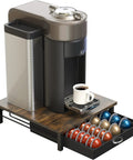 Vertuo Pod Drawer Organizer For Nespresso Capsules Sliding Coffee Pod Storage Cabinet Holds 24 Large Or 48 Small Vertuo Pods Rustic Brown Finish No Fuss Easy Access Keeps Your Kitchen Counter Clutter Free with coffee machine and cup