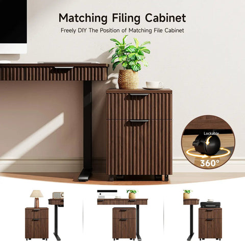 Killer 55 Inch Electric Standing Desk With Smooth Walnut Top And Ultra Silent Motor With Matching Filing Cabinet in Home Office.