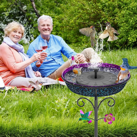 Metal Bird Bath For Outdoors Freestanding Garden Bowl With Vintage Look Ideal Yard Decor For Wild Birds And Hummingbirds Gradient Purple Finish Easy Assembly Durable Weatherproof Exterior Centerpiece with birds and people in the background