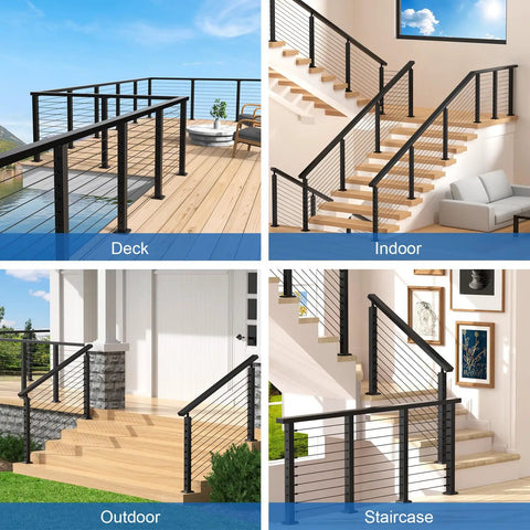Complete Stair Cable Railing Kit For 10 To 15 Ft Runs With 3 Black 36 Inch Posts, 220 Ft One Eighth Inch Stainless Wire Rope