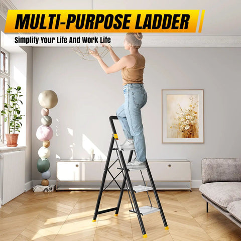 Aluminum 4 Step Folding Ladder For Home And Kitchen Portable Space Saving Step Stool in living room, woman reaching ceiling light