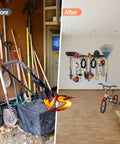Before and after using Wall Mounted Garage Tool Organizer Rack; organized tools on wall and cluttered tools on floor.