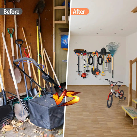 Before and after using Wall Mounted Garage Tool Organizer Rack; organized tools on wall and cluttered tools on floor.