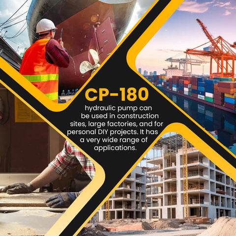 CP-180 hydraulic pump used in construction, large factories, DIY projects; wide range of applications with ship and cranes visible