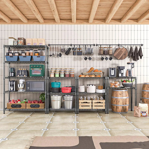 Heavy Duty 5-Tier Steel Storage Shelving Unit With 1750 Lb Capacity Wire Organizer Rack For Home Kitchen Garage And Office, 17.7 Inches Deep By 47.2 Inches Wide By 72.3 Inches High, Adjustable Shelves, loaded with kitchen storage
