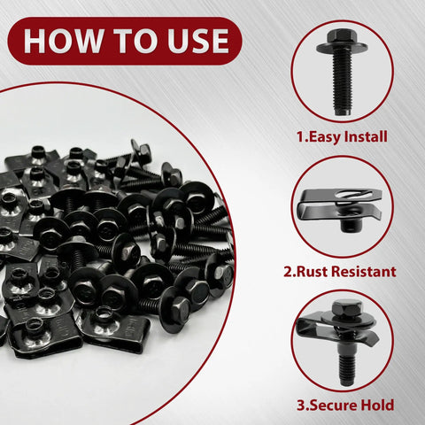 50 Pcs M6x1.0 Automotive Body Bolts And U Nut Clips Kit for Fender Liner Engine Splash Shield Bumper and Underbody Fasteners