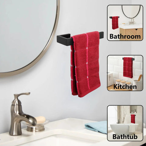 Black hand towel holder with red towel in bathroom setting.