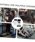 Cyclists using a repair kit for bike maintenance in various scenarios, with visible tools and components for bike upkeep.