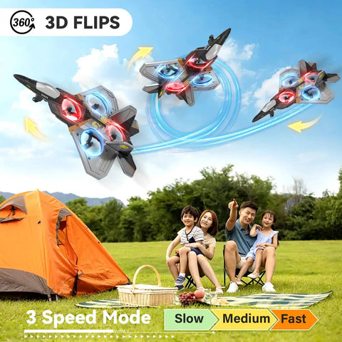 Family in park playing with Foam Remote Control Airplane With Light For Kids And Grownups 360 Degree Flip Fighter Jet