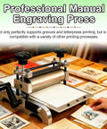 Manual Etching Printing Press For Copperplate And Ink Transfer with hand-cranked control on a desktop, surrounded by prints.