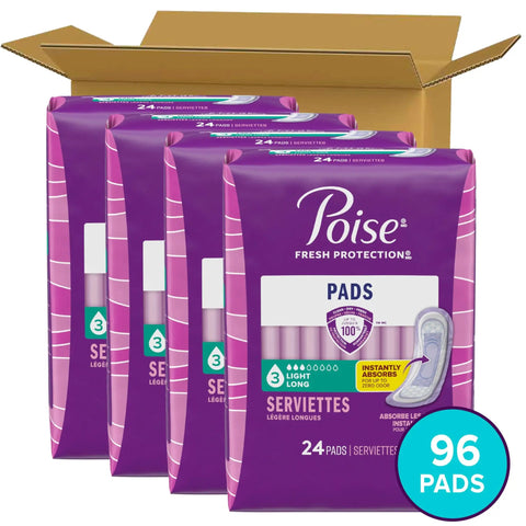 Packaging of Light Absorbency Incontinence And Postpartum Pads Long Length 96 Count (4 Packs Of 24) in box.