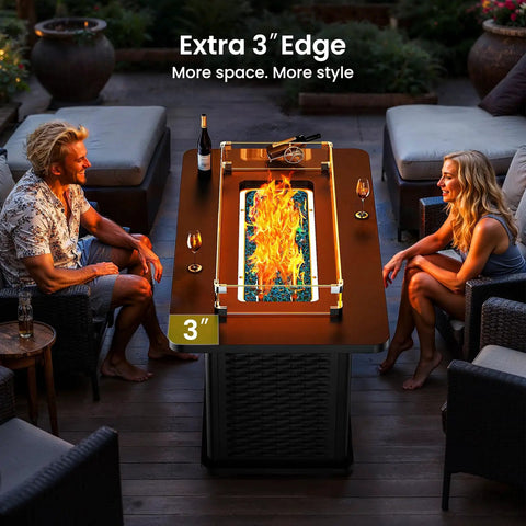 43 Inch Rectangular Propane Fire Pit Table With 60,000 BTU Heat for Backyard Hangouts, showing black table with H-burner flame