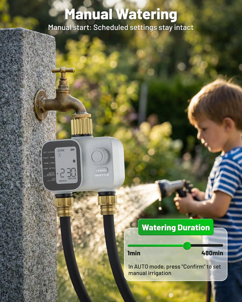 Heavy Duty Two Zone Sprinkler Timer With Brass Inlet For Garden Hose, rain delay, manual or automatic irrigation, installed on tap