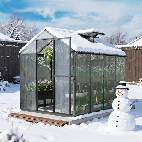 Walk In Greenhouse With Gutter And Polycarbonate Panels, Heavy Duty Aluminum Frame, Adjustable Skylight, Lockable Two Sided Door, 6 X 8 Ft, For Patio Outdoor Yard Lawn Use, Black
