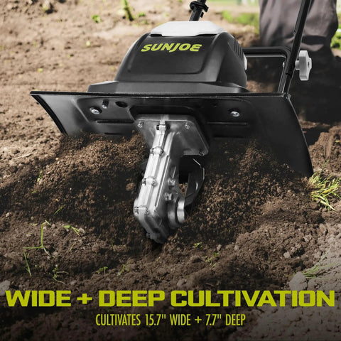 Corded Electric Garden Tiller And Cultivator With 15 Amp Motor 6 Steel Tines And 15.7 Inches Tilling Width in action on soil