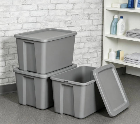 Straight Up Tough As Nails Heavy Duty Plastic Storage Bin With Secure Snap On Lid For Real Garage Setup Or Home Decluttering Projects Gray 18 Gallon Capacity stacked and unstacked gray bins with lids on a floor.