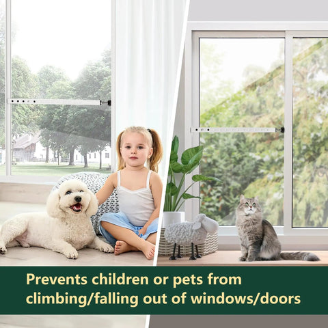 Adjustable Window Security Bars Inside For Home Safety, Easy Install, Heavy Duty Vertical Lock Bar With Rubber Feet For Up And Down Double Hung Windows, Fits 17 To 32 Inch, 2 Pack, Patented Design shown in use, preventing children and pets from falling.