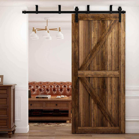 Ceiling Mount Sliding Barn Door Hardware Kit For 24 Inch Wide Wood Door With Low Ceiling Design 4 Foot Track System installed view