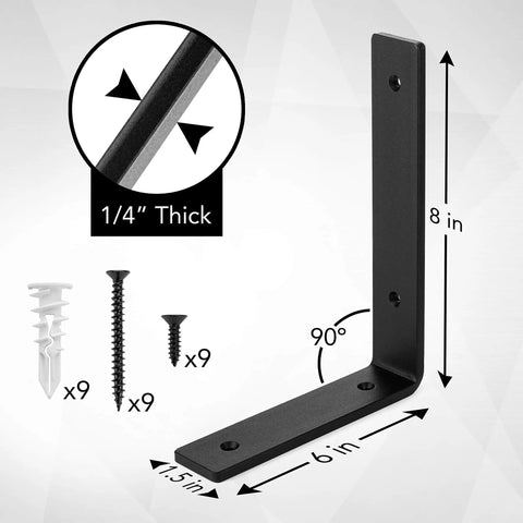 Heavy Duty Shelf Brackets Built Tough Quarter Inch Thick Steel Matte Black Iron Finish For Modern Farmhouse Rustic Open Shelving With Hardware Four Pack L Shaped 8 By 6 Inches, bracket details with screws and anchors