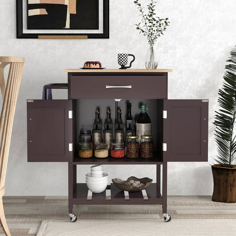 Slick Rolling Kitchen Island Cart With Dope Rubberwood Top And Quick Release Drawer Perfect Go To Coffee Bar Station With Deep Open Shelf And Convenient Towel Rack In Warm Honey Brown