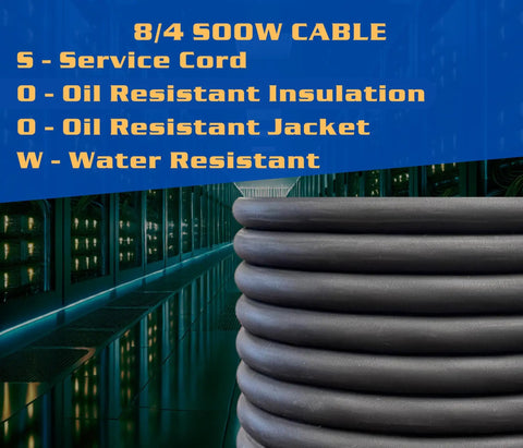 Rock Solid 30 Foot 8 4 SOW Cable Wire 8 Gauge Four Conductor 600 Volt Portable Extension Cord for EV Chargers with oil and water resistance.
