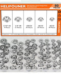 304 Stainless Steel Flange Nuts Assortment Kit 80 Piece Set showing assorted sizes and serrated design in labeled box.