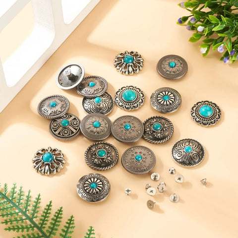 Rugged Western Zinc Alloy Conchos With Eighteen Faux Turquoise Screw Back Rivets And Tough Leathercraft Studs for custom use.