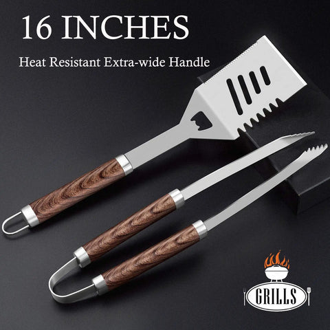 16-inch stainless steel BBQ spatula and tongs with wood handles, part of 26-Piece Grilling Tools Set For Men And Dads, Fathers Day Gift Ready