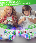 Children playing with Gesture Sensing RC Car That Transforms Into A Dope Stunt Vehicle With 360 Degree Rotating 4WD Drive And Remote Or Hand Control, 2.4GHz Wireless Toy With Lights And Music, Epic Gift For Boys Ages 6 To 12.