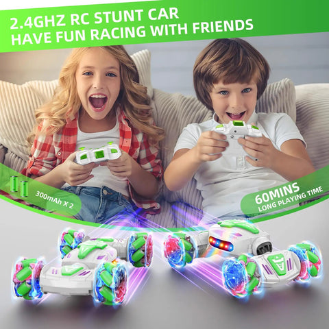 Children playing with Gesture Sensing RC Car That Transforms Into A Dope Stunt Vehicle With 360 Degree Rotating 4WD Drive And Remote Or Hand Control, 2.4GHz Wireless Toy With Lights And Music, Epic Gift For Boys Ages 6 To 12.