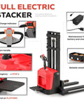 High Capacity Walkie Pallet Stacker With Electric Power features electric components, emergency stop, adjustable forks, and a stand-on platform.