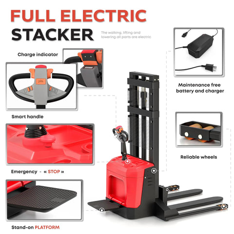 High Capacity Walkie Pallet Stacker With Electric Power features electric components, emergency stop, adjustable forks, and a stand-on platform.