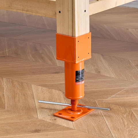 Orange adjustable screw jack post with square base plate under a wooden beam; leveling floor jack with crossbar handles