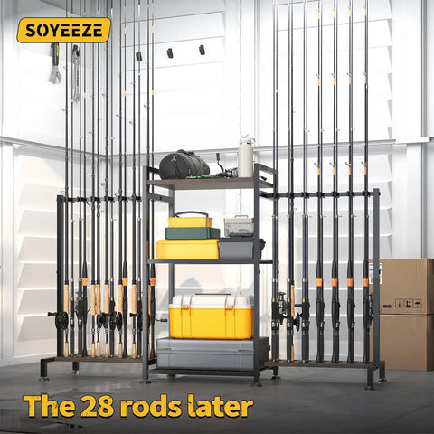 28 Rod Ground Stand Fishing Rod Holder Rack for Garage, 3 Sided Vertical Display showcasing bass fly spinning rods and tackle box