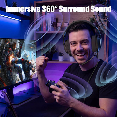 Man gaming with Ultra Lightweight Wired Gaming Headset With Microphone For Xbox Series X S PS5 PS4 Switch And PC, smiling