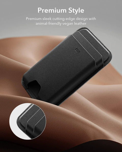 Black Slim MagSafe Card Wallet With RFID Blocking, Holds Up To 5 Cards, on vegan leather background