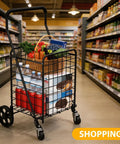 Go-To Grocery Cart With 360 Degree Swivel Front Wheels And 100 Lb Capacity, full of groceries in a supermarket aisle.