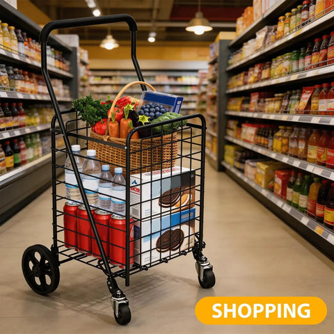 Go-To Grocery Cart With 360 Degree Swivel Front Wheels And 100 Lb Capacity, full of groceries in a supermarket aisle.