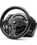Front view of Thrustmaster T300RS GT racing wheel with base and pedals, black with blue accent