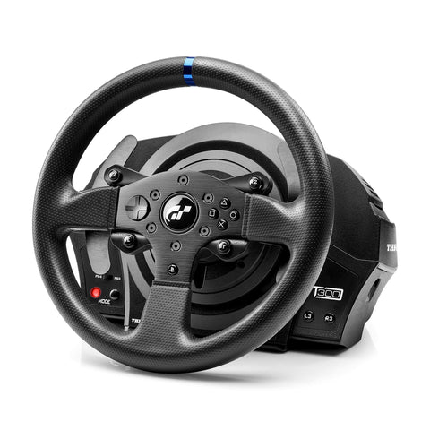 Front view of Thrustmaster T300RS GT racing wheel with base and pedals, black with blue accent