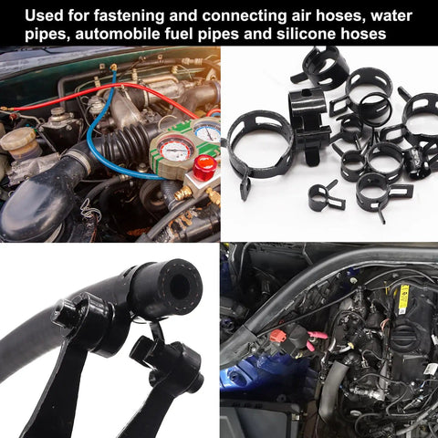 140 Piece Spring Band Hose Clamp Kit 12 Sizes From 6 To 22 Millimeters Black Finish Low Pressure Clamps For Air Hoses Fuel Lines Silicone And Vacuum Hoses Fits Cars Bikes Boats Lawn Mowers And More shown with automotive applications and clamps arrangement.