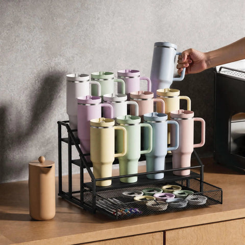 4-Tier Cup Holder Rack For Stanley 40 Oz Tumblers And Water Bottles, Heavy Duty Tumbler Stand With Pull Out Drawer For Lids And Accessories