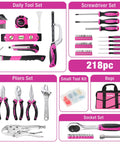 Pink 218-Piece Go-To Home Repair Tool Kit With Wide Mouth Storage Bag For DIY Projects shown with tools and bag